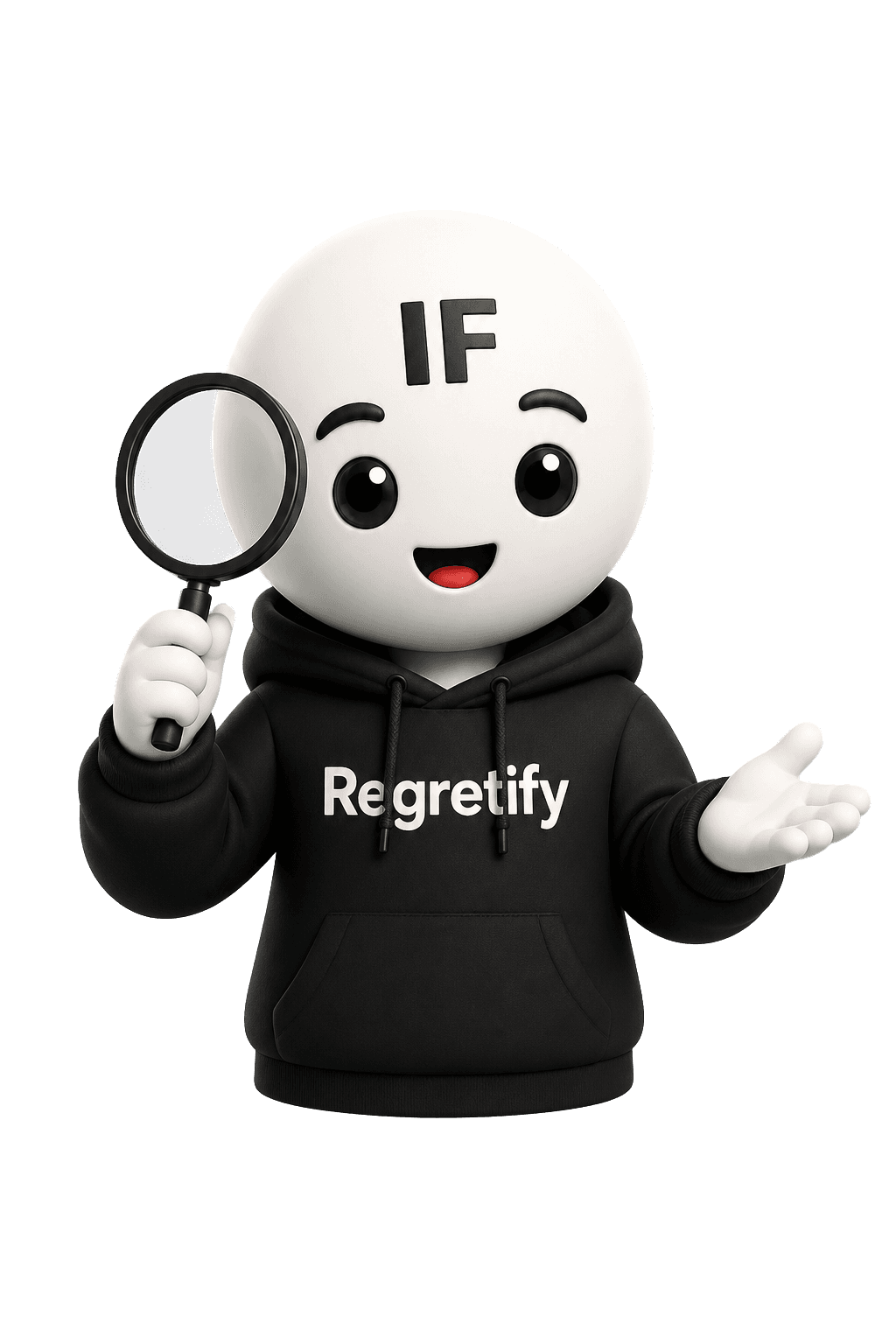 Regretify neutral poster mascot holding a magnifying glass.